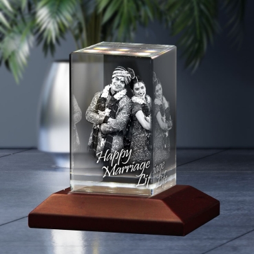 Rectangular 3D Laser Engraved Crystal Anniversary Photo Gift for Couple